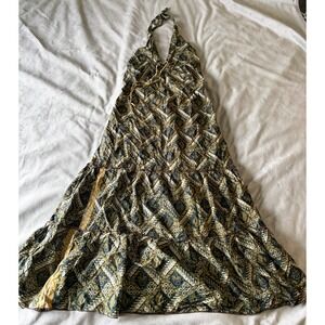 Handmade Cotton Batik Halter Maxi Dress Tiered Boho Smocked Back Earth Tones